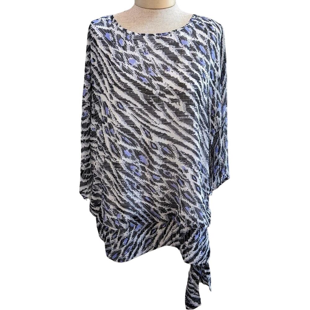 Bob Mackie Black White and Light Blue Animal-Print Tie Hem Blouse